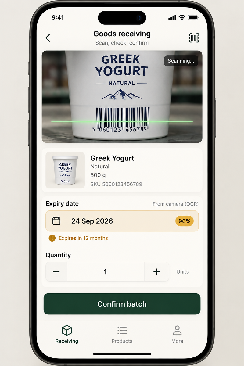 AgpreneurAI mobile receiving screen scanning Greek Yogurt with a camera-captured expiry date